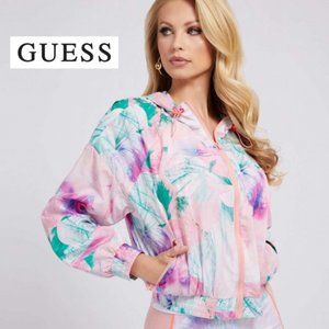 NWT $108 GUESS Women Carlie Hoodie Full Zip Windbreaker Jacket Floral Cropped